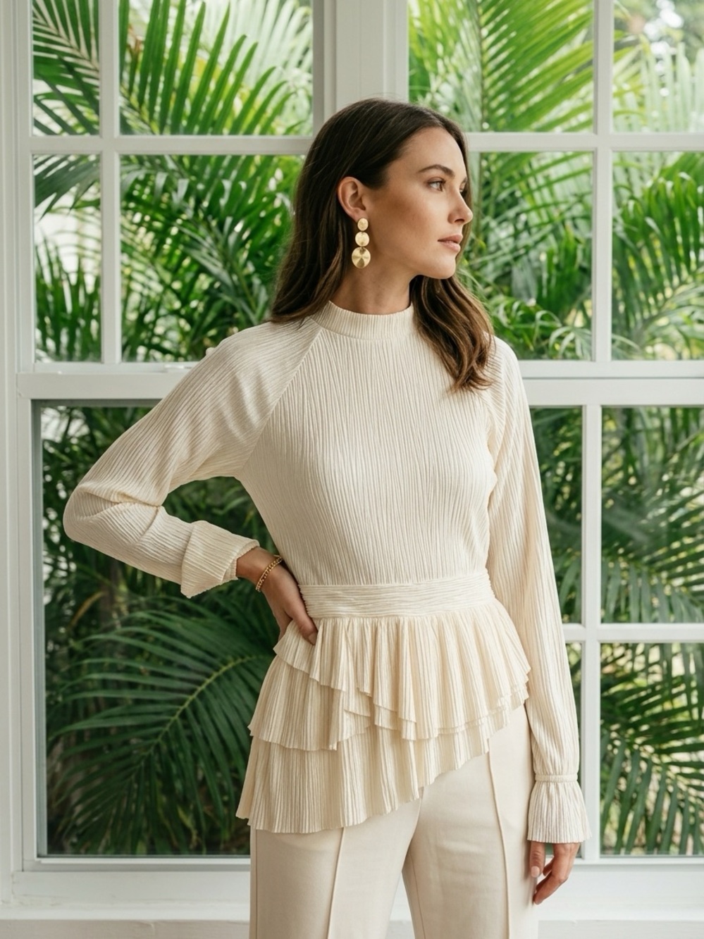 Express Cream Pleated Ruffle-Hem Long Sleeve Blouse